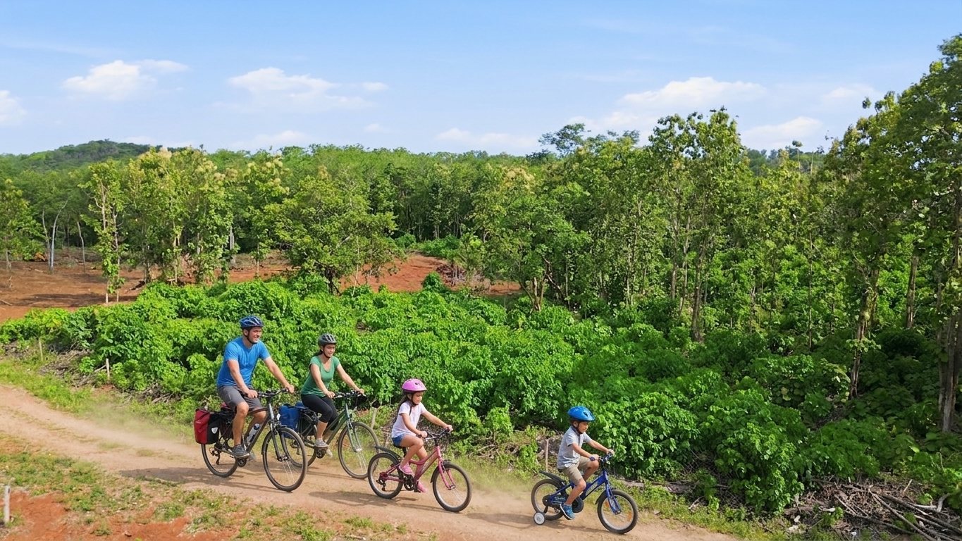 A family riding bikes on the road through the green