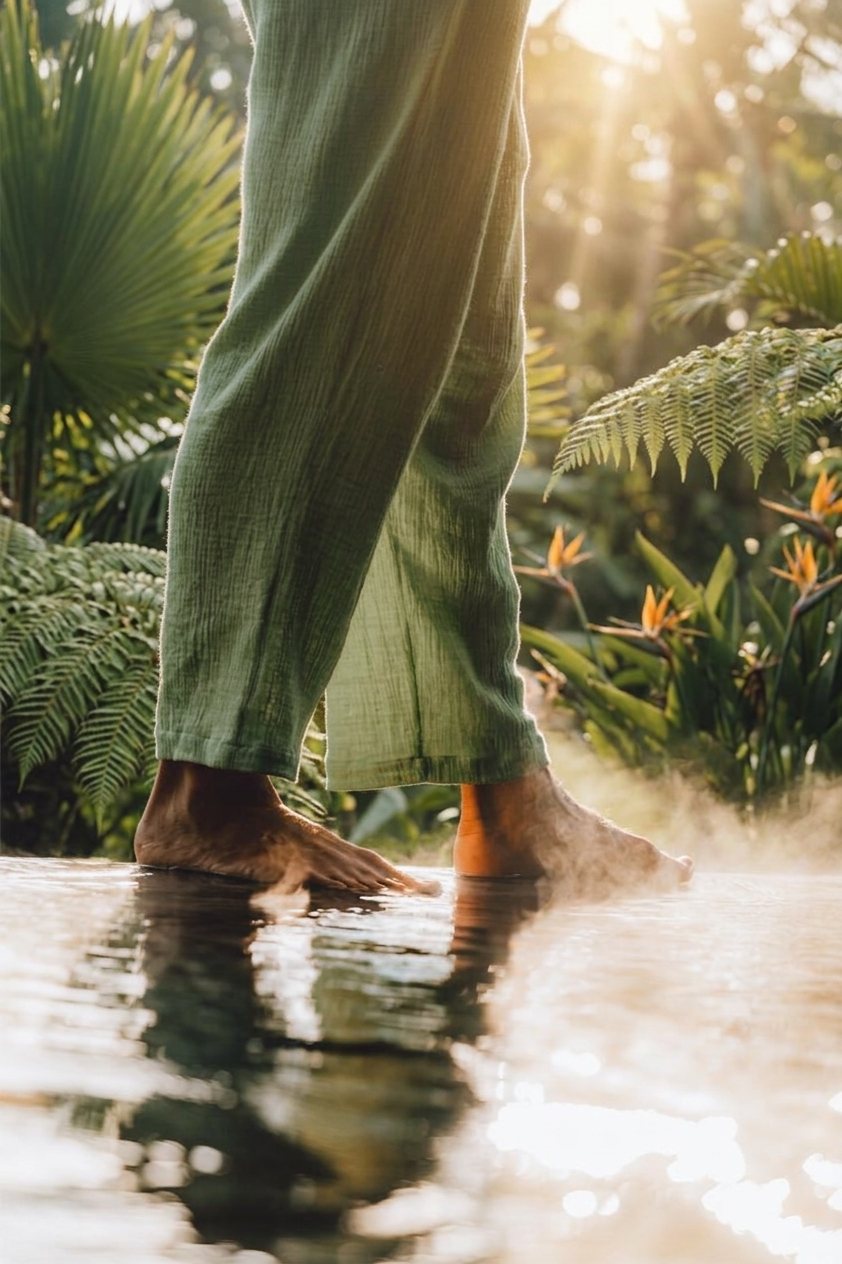 Bare feet standing in shallow, moving water