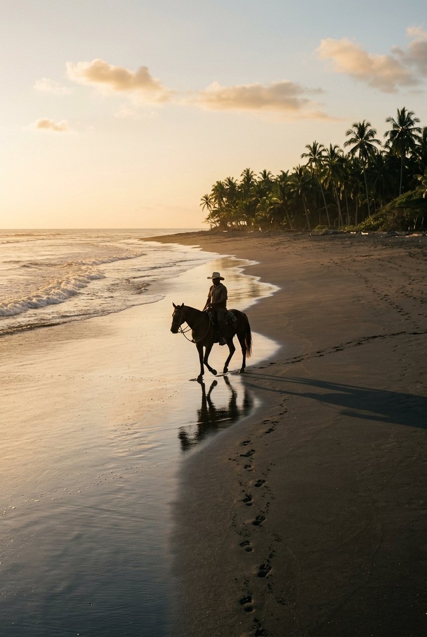 A horse walking the waterline on dark volcanic sand