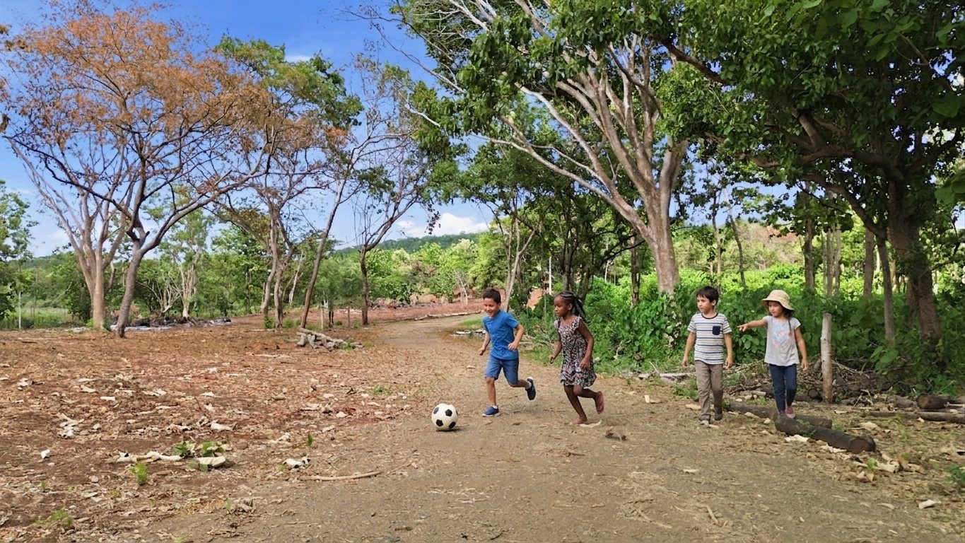 Children playing football on the village road