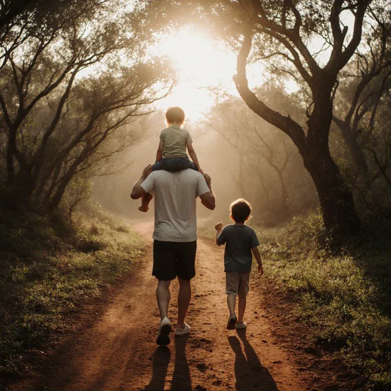 A father and two children walking a shaded trail in the late light