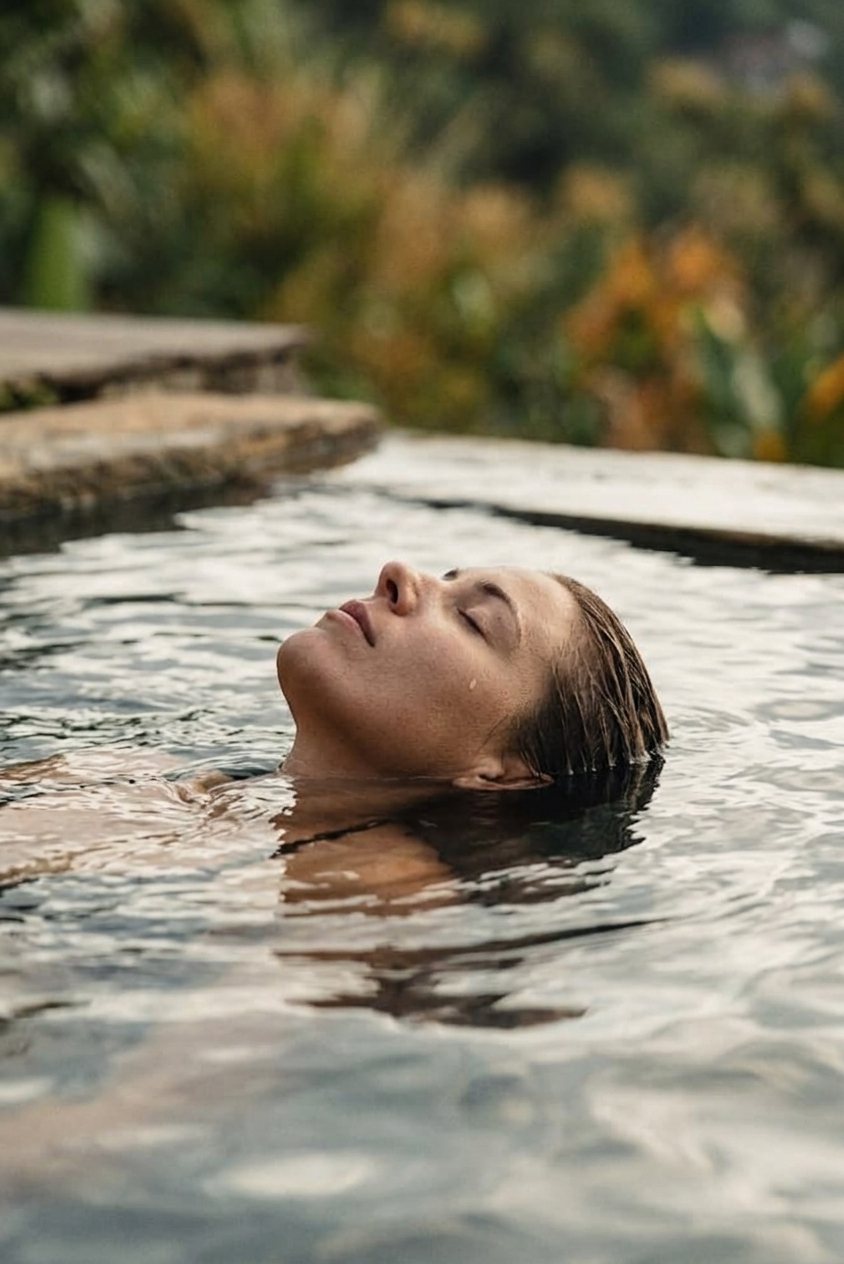 Floating on her back in still water, eyes closed