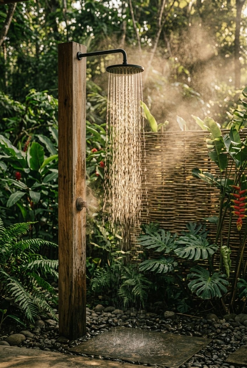 An outdoor rain shower among the trees, backlit by low sun