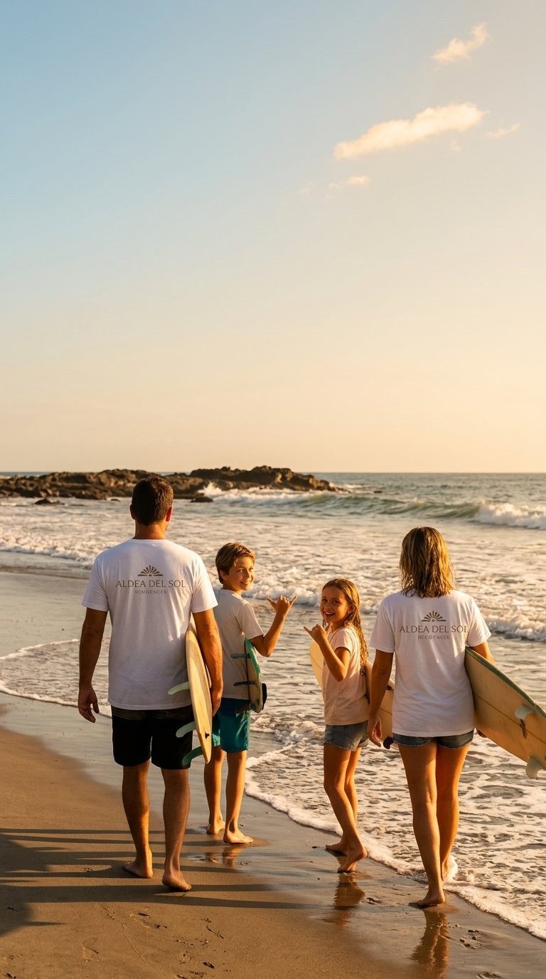 A family walking to the water together with their boards at sunset