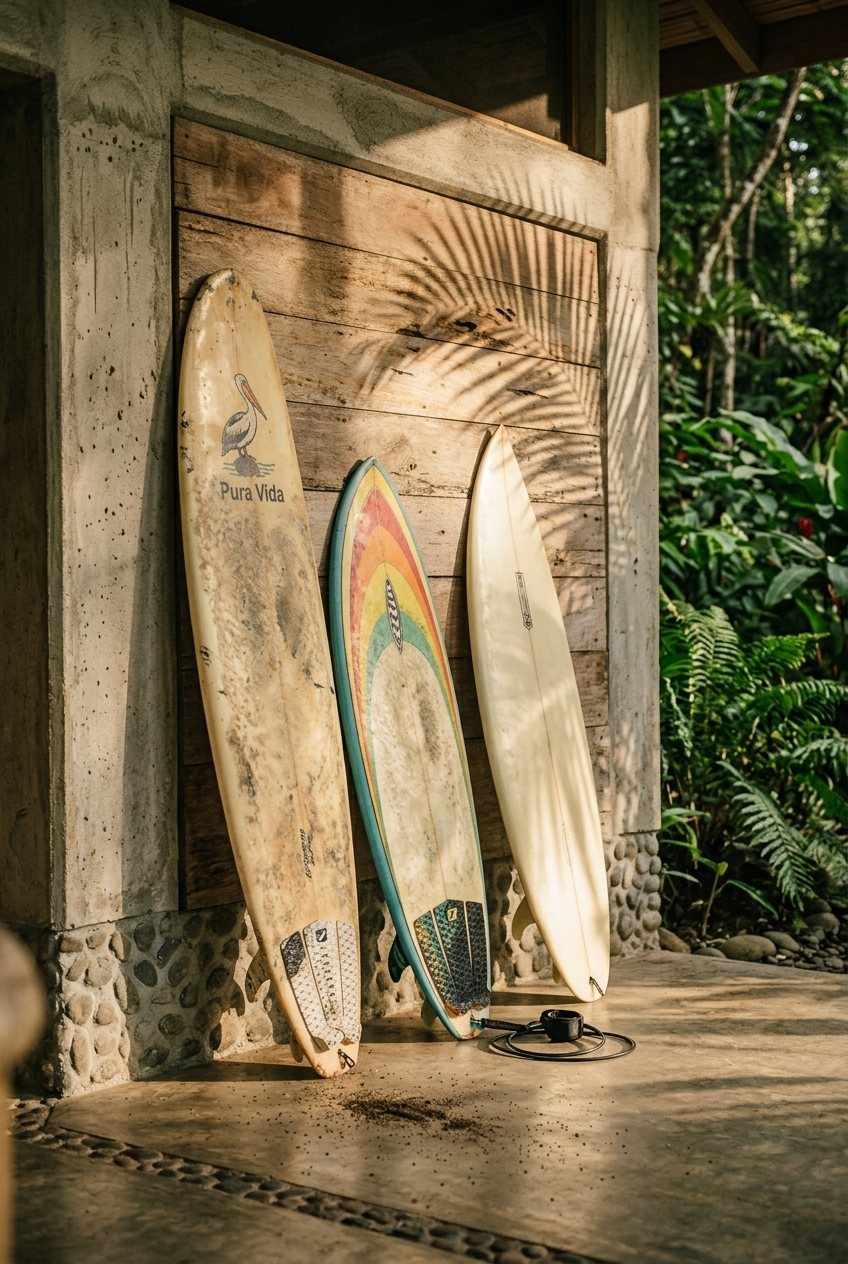 Surfboards leaning against a concrete and teak wall in the afternoon light