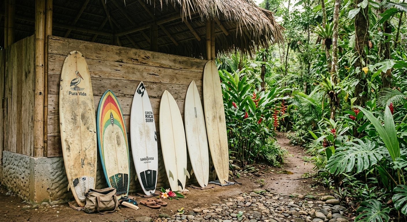Surfboards lined up along a wall by the trail