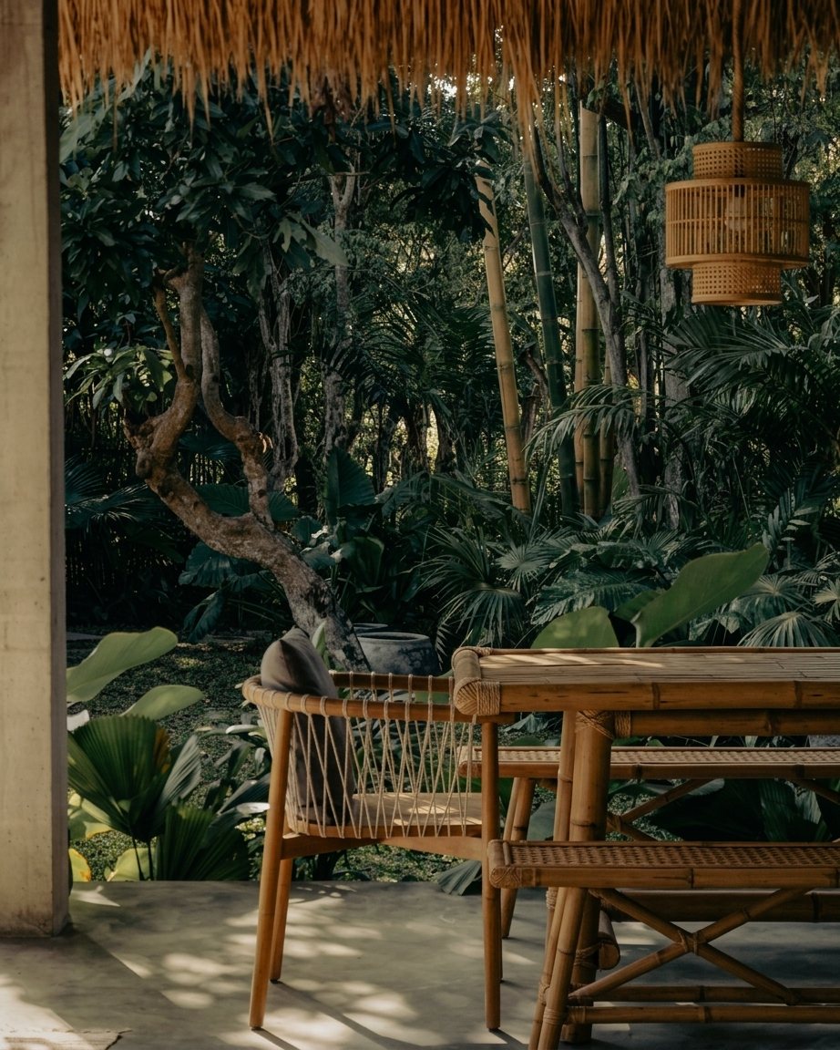 A bamboo-shaded terrace open to the garden