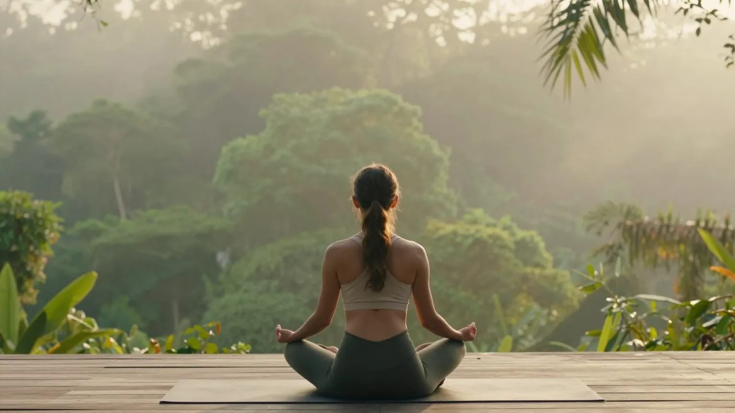 A morning yoga practice on a wooden deck at first light
