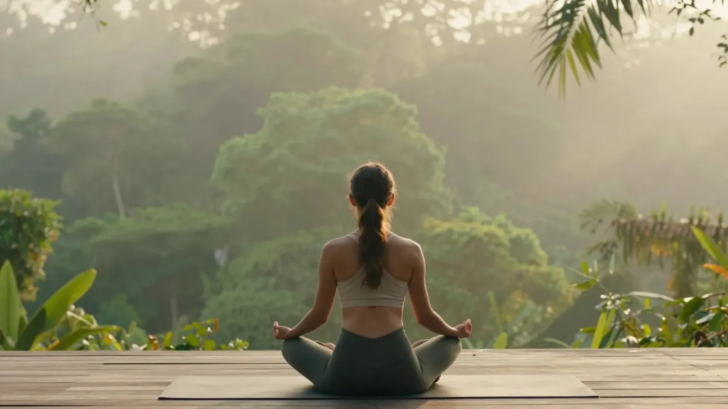 Morning yoga facing the forest at first light